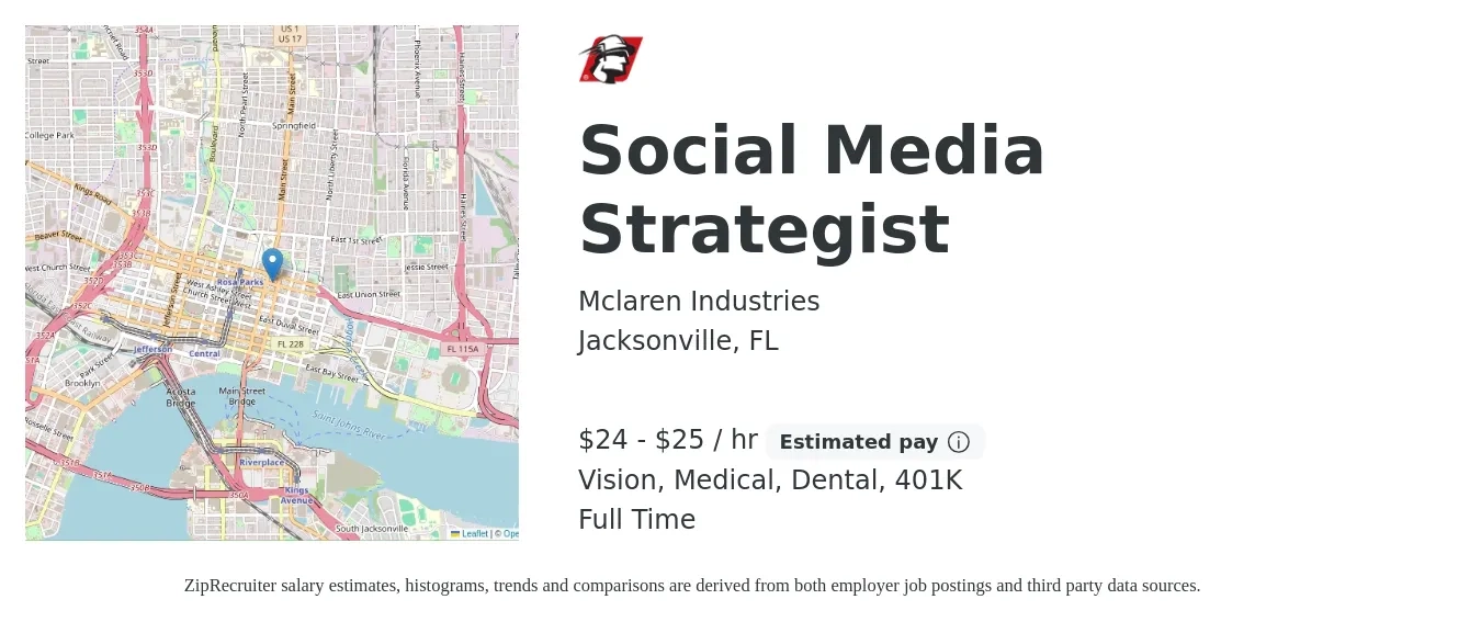 Mclaren Industries job posting for a Social Media Strategist in Jacksonville, FL with a salary of $25 to $27 Hourly and benefits including 401k, dental, life_insurance, medical, and vision with a map of Jacksonville location.