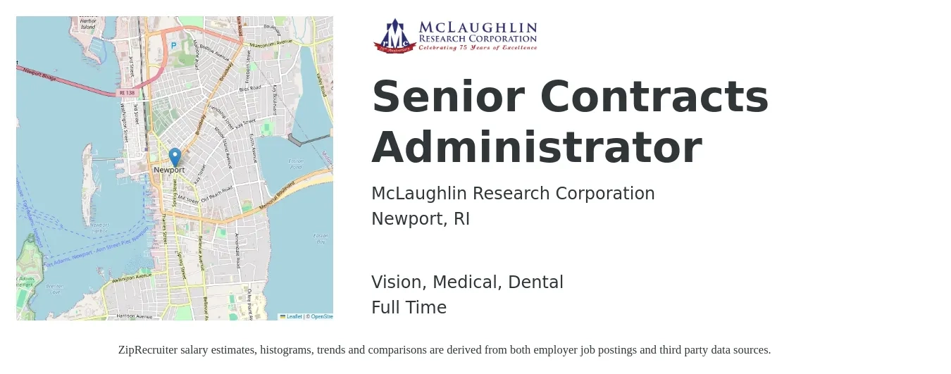 McLaughlin Research Corporation job posting for a Senior Contracts Administrator in Newport, RI with a salary of $76,900 to $108,100 Yearly and benefits including dental, life_insurance, medical, pto, retirement, and vision with a map of Newport location.