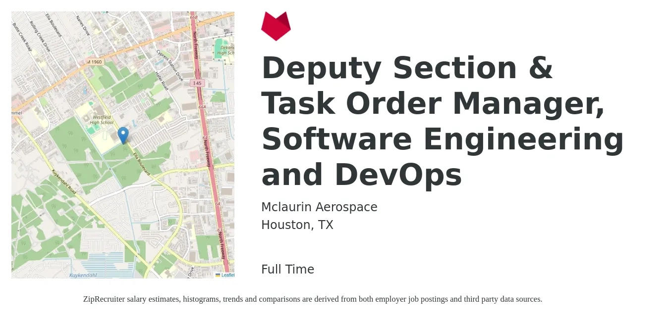 Mclaurin Aerospace job posting for a Deputy Section & Task Order Manager, Software Engineering and DevOps in Houston, TX with a salary of $165,100 Yearly with a map of Houston location.
