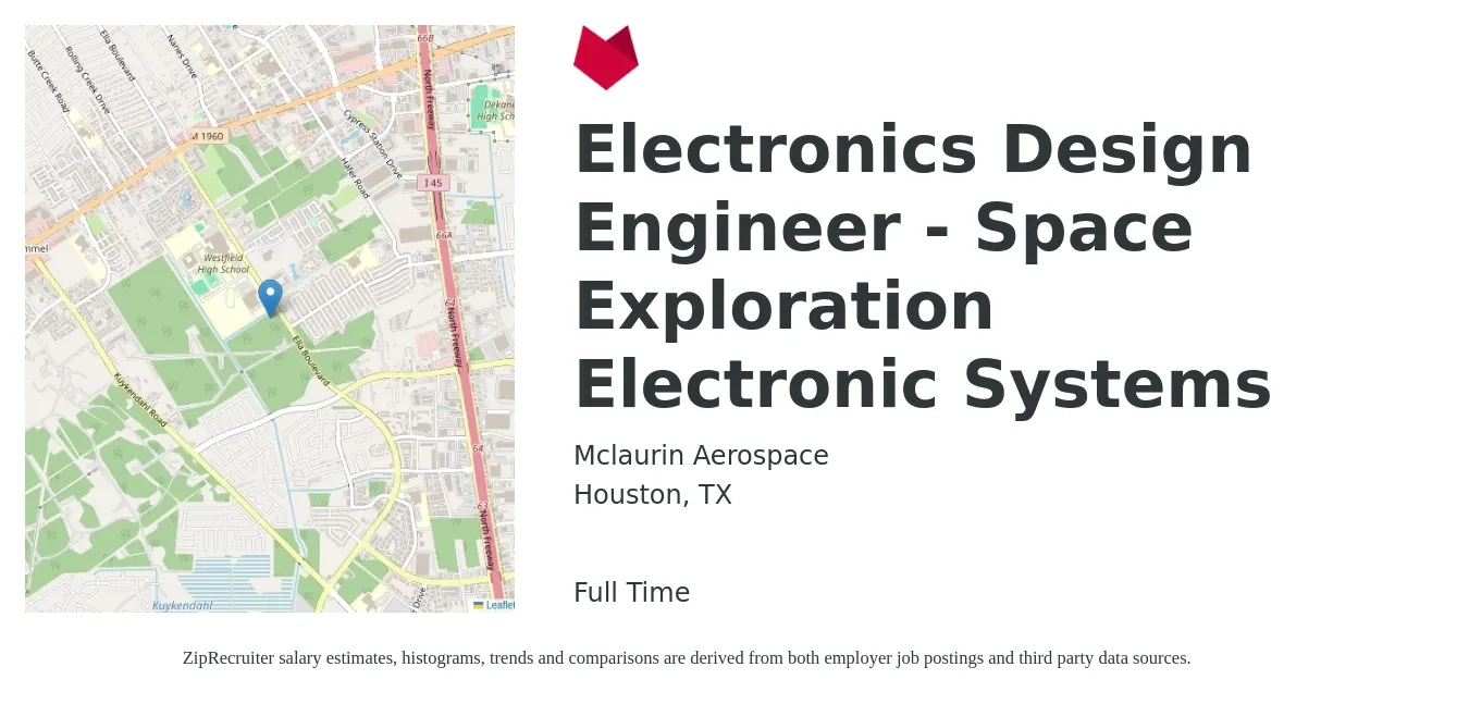 Mclaurin Aerospace job posting for a Electronics Design Engineer - Space Exploration Electronic Systems in Houston, TX with a salary of $83,500 to $116,000 Yearly with a map of Houston location.