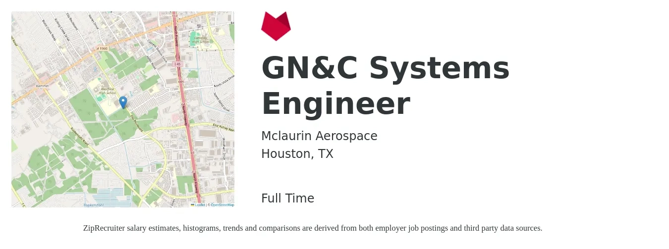 Mclaurin Aerospace job posting for a GN&C Systems Engineer in Houston, TX with a salary of $93,500 to $149,900 Yearly with a map of Houston location.