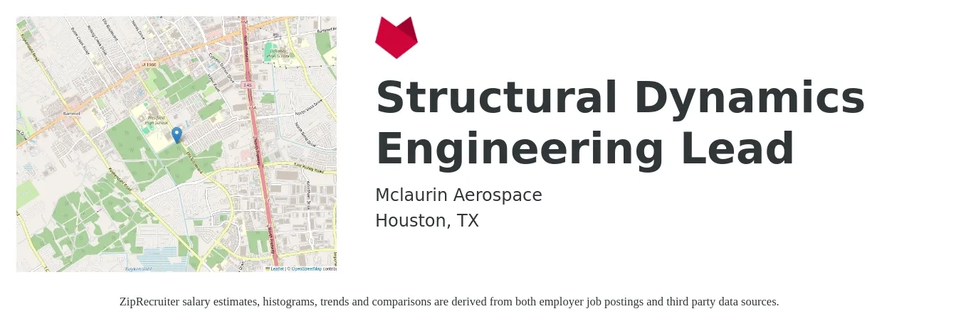 Mclaurin Aerospace job posting for a Structural Dynamics Engineering Lead in Houston, TX with a salary of $76,400 to $107,900 Yearly with a map of Houston location.