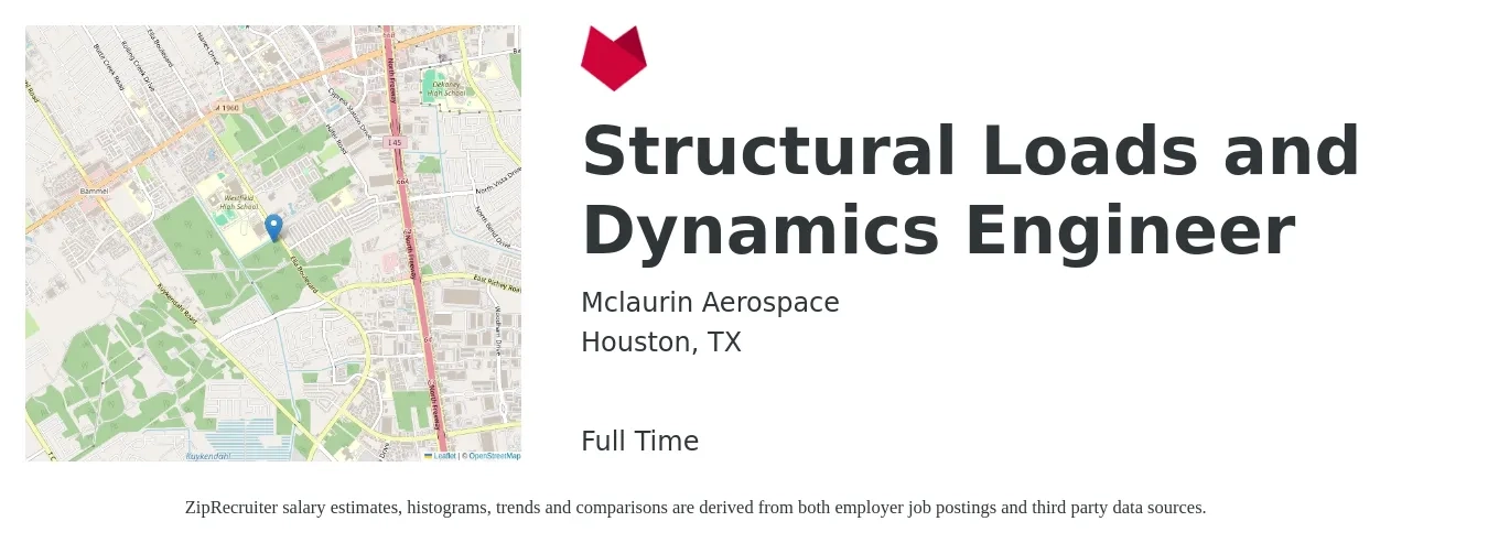 Mclaurin Aerospace job posting for a Structural Loads and Dynamics Engineer in Houston, TX with a salary of $76,400 to $107,900 Yearly with a map of Houston location.