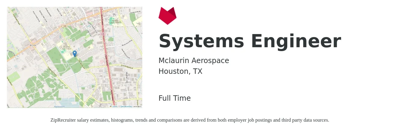 Mclaurin Aerospace job posting for a Systems Engineer in Houston, TX with a salary of $93,500 to $149,900 Yearly with a map of Houston location.