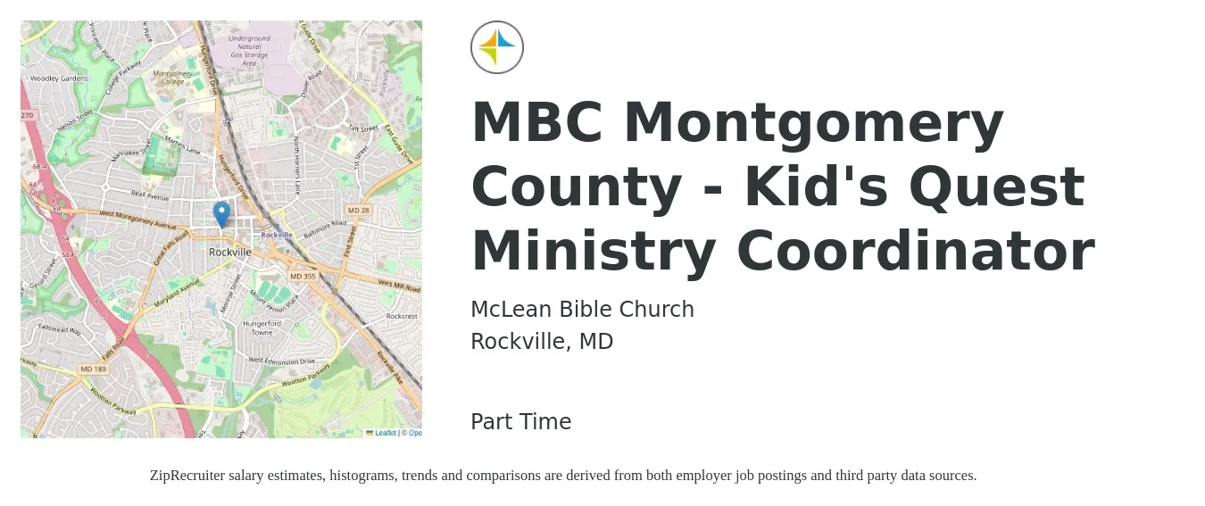 McLean Bible Church job posting for a MBC Montgomery County - Kid's Quest Ministry Coordinator in Rockville, MD with a salary of $48,900 to $78,500 Yearly with a map of Rockville location.