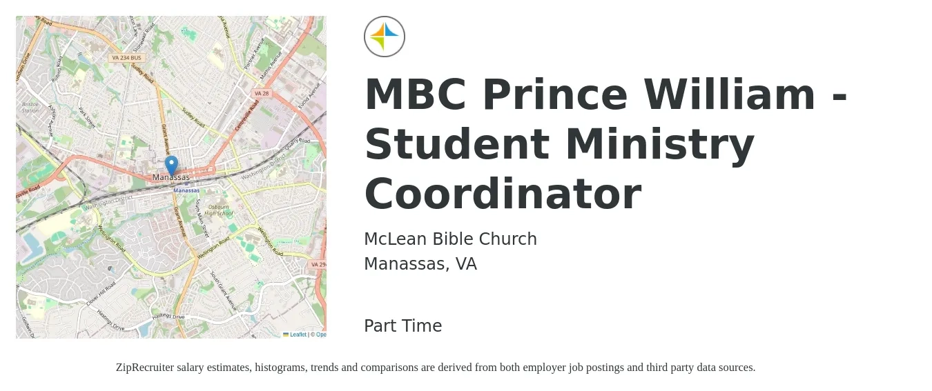 McLean Bible Church job posting for a MBC Prince William - Student Ministry Coordinator in Manassas, VA with a salary of $38,400 to $53,900 Yearly with a map of Manassas location.