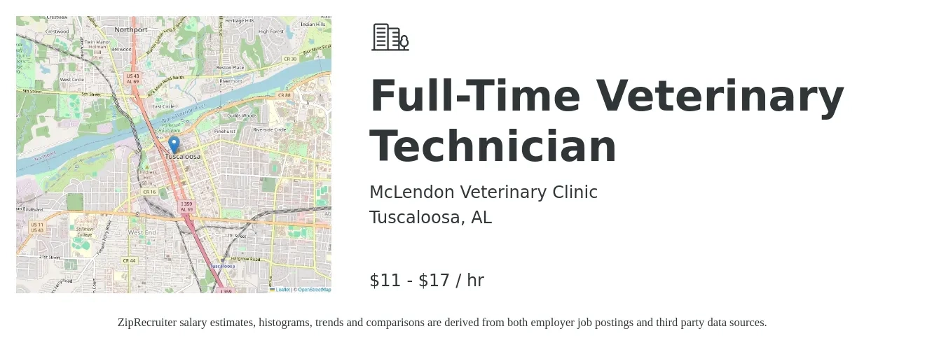 McLendon Veterinary Clinic job posting for a Full-Time Veterinary Technician in Tuscaloosa, AL with a salary of $12 to $18 Hourly with a map of Tuscaloosa location.