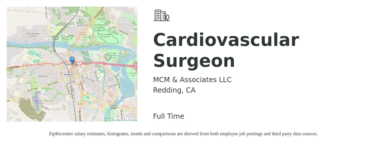 MCM & Associates LLC job posting for a Cardiovascular Surgeon in Redding, CA with a salary of $213 Hourly with a map of Redding location.