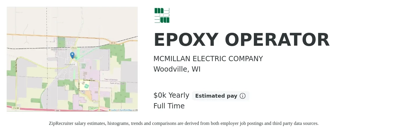 MCMILLAN ELECTRIC COMPANY job posting for a EPOXY OPERATOR in Woodville, WI with a salary of $22 to $23 Hourly with a map of Woodville location.