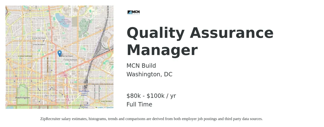 MCN Build job posting for a Quality Assurance Manager in Washington, DC with a salary of $80,000 to $100,000 Yearly with a map of Washington location.