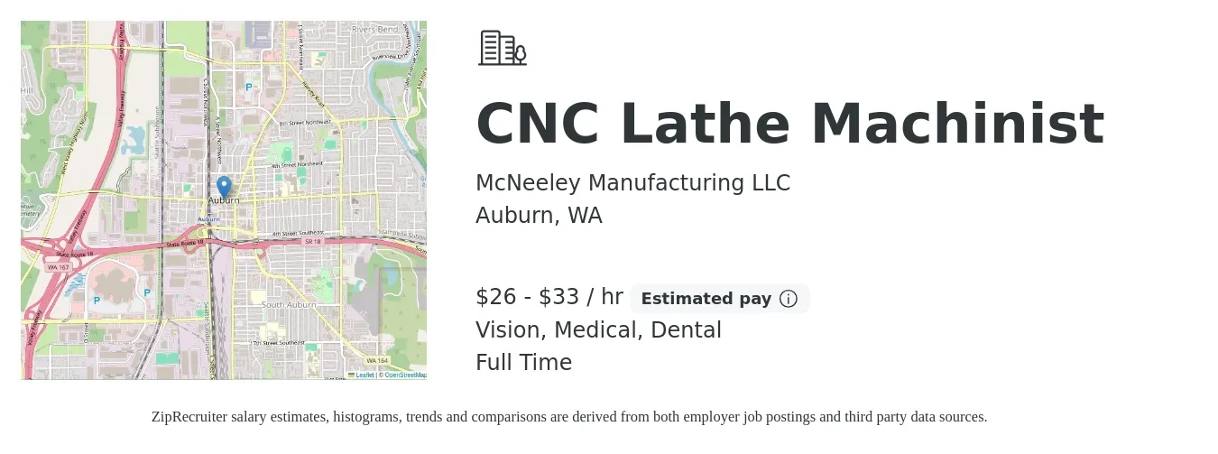 McNeeley Manufacturing LLC job posting for a CNC Lathe Machinist in Auburn, WA with a salary of $28 to $35 Hourly and benefits including retirement, vision, dental, life_insurance, and medical with a map of Auburn location.
