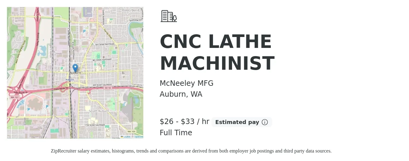 McNeeley MFG job posting for a CNC LATHE MACHINIST in Auburn, WA with a salary of $28 to $35 Hourly with a map of Auburn location.