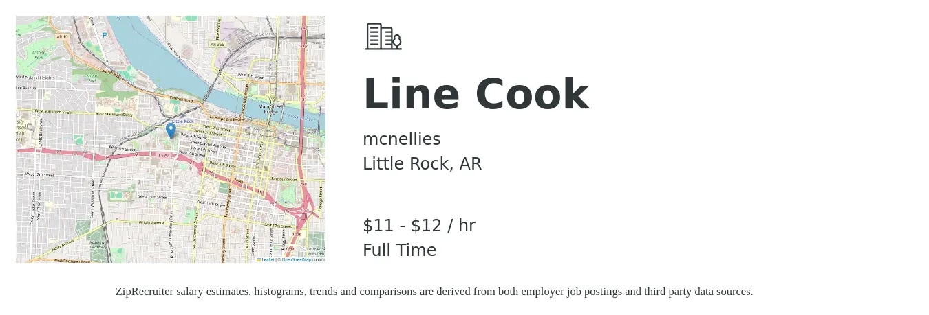 mcnellies job posting for a Line Cook in Little Rock, AR with a salary of $12 to $13 Hourly with a map of Little Rock location.