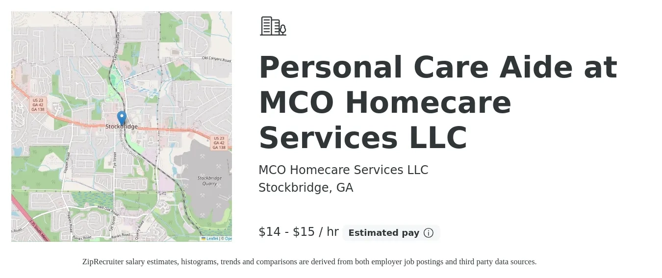 MCO Homecare Services LLC job posting for a Personal Care Aide at MCO Homecare Services LLC in Stockbridge, GA with a salary of $15 to $16 Hourly with a map of Stockbridge location.
