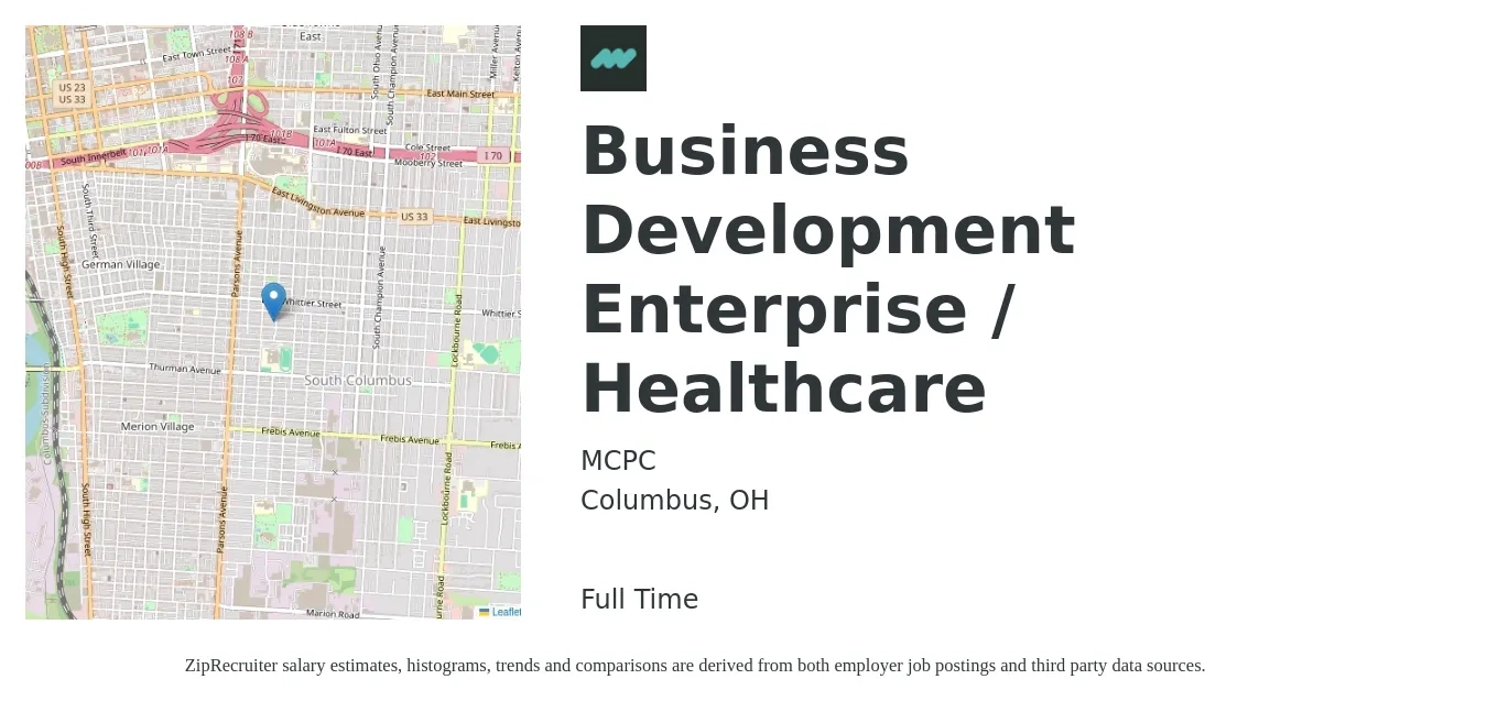 MCPc job posting for a Business Development Enterprise / Healthcare in Columbus, OH with a salary of $60,900 to $96,600 Yearly with a map of Columbus location.