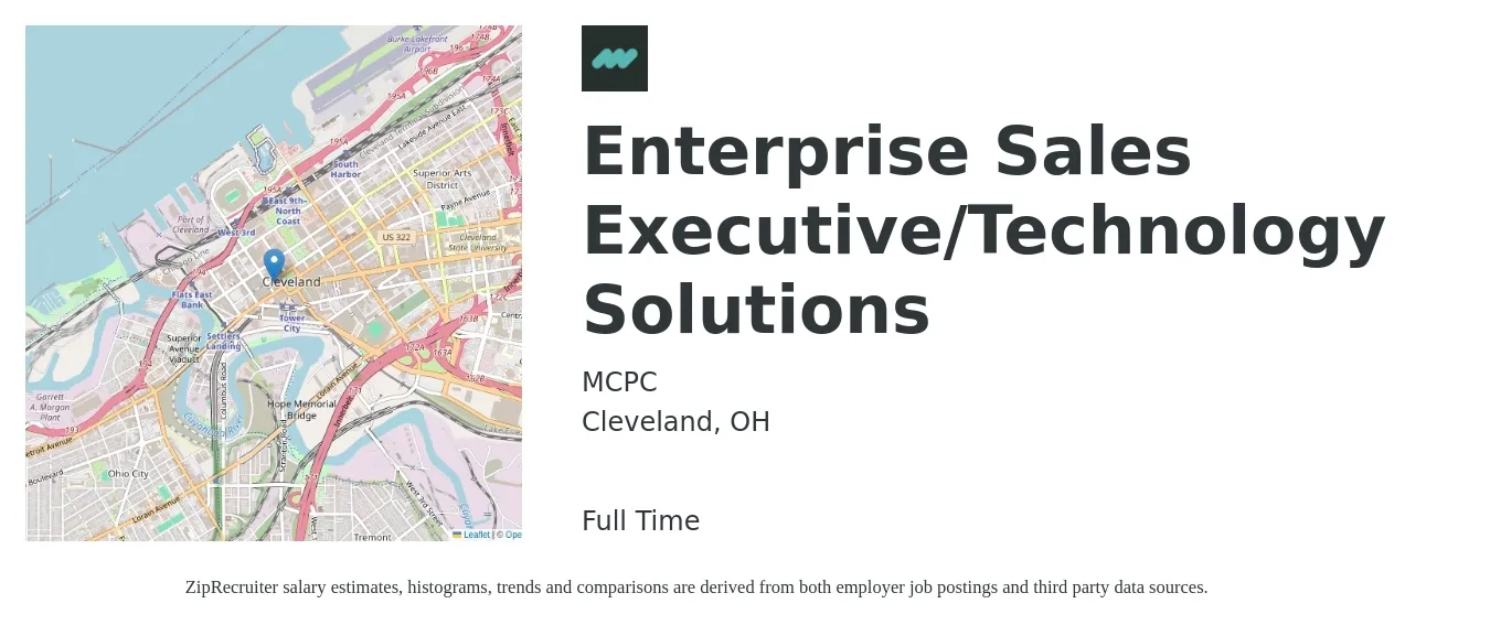 MCPc job posting for a Enterprise Sales Executive/Technology Solutions in Cleveland, OH with a salary of $96,000 to $166,300 Yearly with a map of Cleveland location.