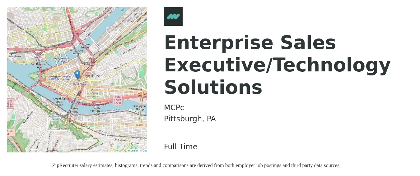MCPC job posting for a Enterprise Sales Executive/Technology Solutions in Pittsburgh, PA with a salary of $96,100 to $166,500 Yearly with a map of Pittsburgh location.