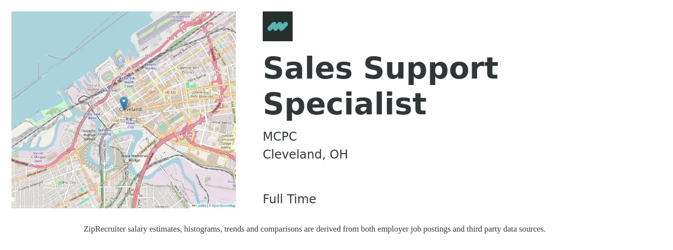 MCPc job posting for a Sales Support Specialist in Cleveland, OH with a salary of $22 to $30 Hourly with a map of Cleveland location.