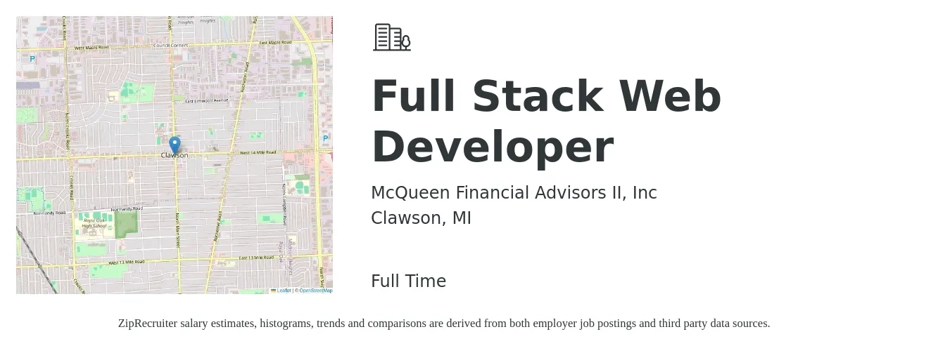 McQueen Financial Advisors II, Inc job posting for a Full Stack Web Developer in Clawson, MI with a salary of $74,900 to $119,800 Yearly with a map of Clawson location.