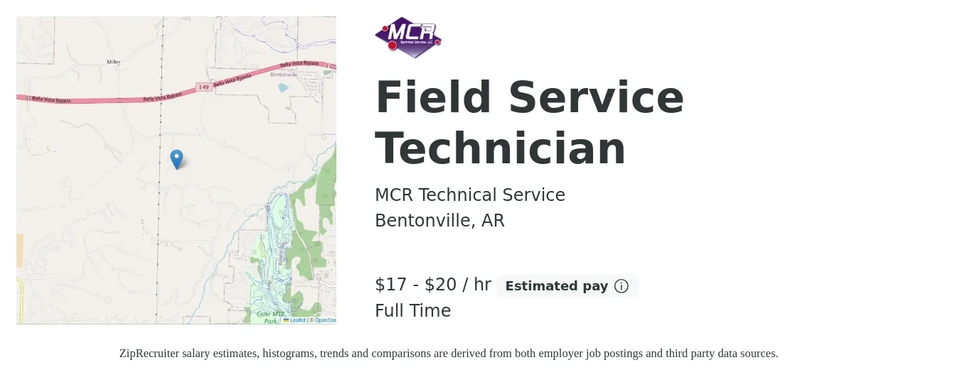 MCR Technical Service job posting for a Field Service Technician in Bentonville, AR with a salary of $18 to $21 Hourly and benefits including retirement with a map of Bentonville location.