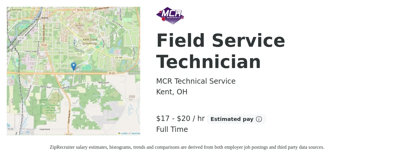 MCR Technical Service job posting for a Field Service Technician in Kent, OH with a salary of $18 to $21 Hourly and benefits including retirement with a map of Kent location.