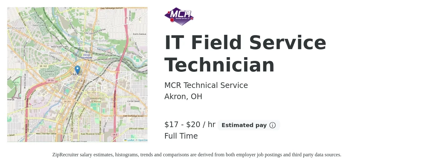 MCR Technical Service job posting for a IT Field Service Technician in Akron, OH with a salary of $18 to $21 Hourly and benefits including retirement with a map of Akron location.