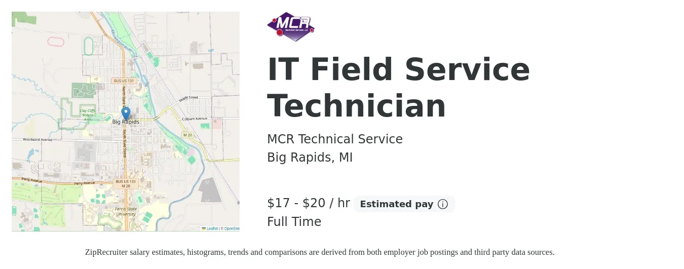 MCR Technical Service job posting for a IT Field Service Technician in Big Rapids, MI with a salary of $18 to $21 Hourly and benefits including retirement with a map of Big Rapids location.
