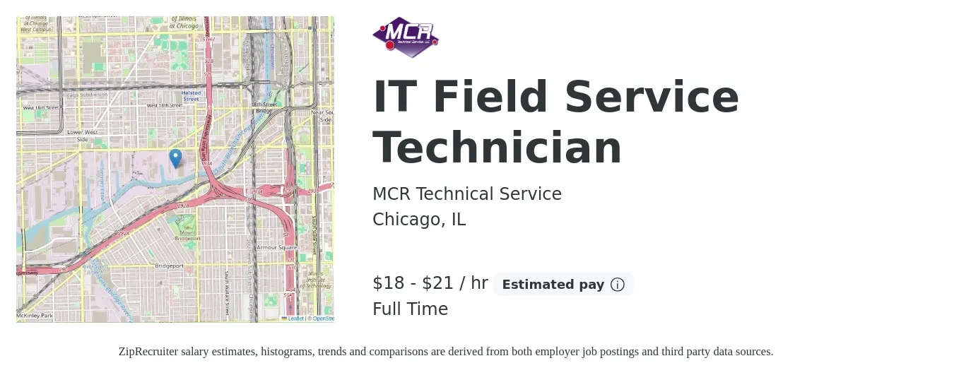 MCR Technical Service job posting for a IT Field Service Technician in Chicago, IL with a salary of $19 to $22 Hourly and benefits including retirement with a map of Chicago location.