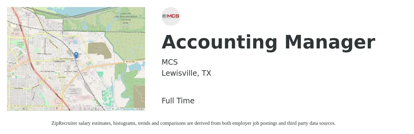 MCS job posting for a Accounting Manager in Lewisville, TX with a salary of $72,000 to $103,300 Yearly with a map of Lewisville location.