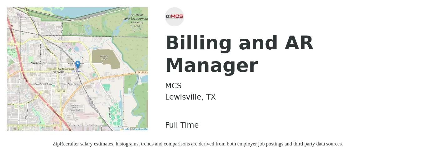 MCS job posting for a Billing and AR Manager in Lewisville, TX with a salary of $54,900 to $80,700 Yearly with a map of Lewisville location.