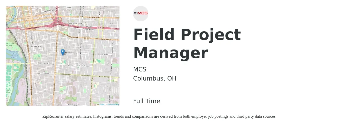 MCS job posting for a Field Project Manager in Columbus, OH with a salary of $54,600 to $90,800 Yearly with a map of Columbus location.