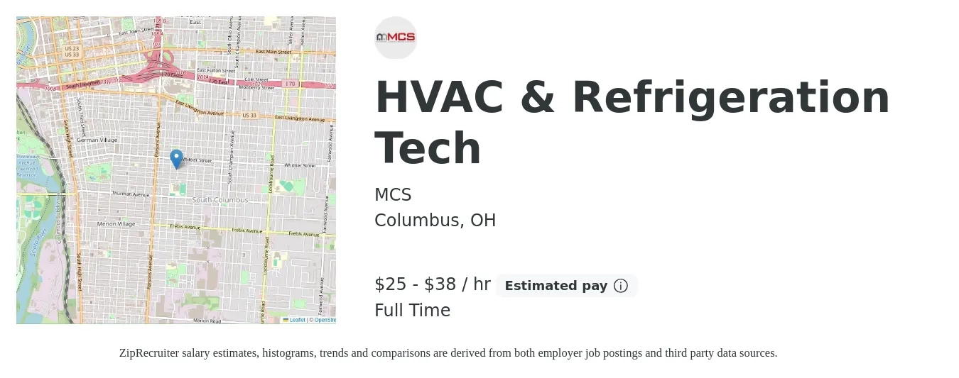 MCS job posting for a HVAC & Refrigeration Tech in Columbus, OH with a salary of $26 to $40 Hourly with a map of Columbus location.