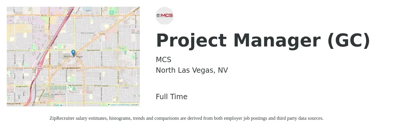MCS job posting for a Project Manager (GC) in North Las Vegas, NV with a salary of $71,600 to $113,600 Yearly with a map of North Las Vegas location.