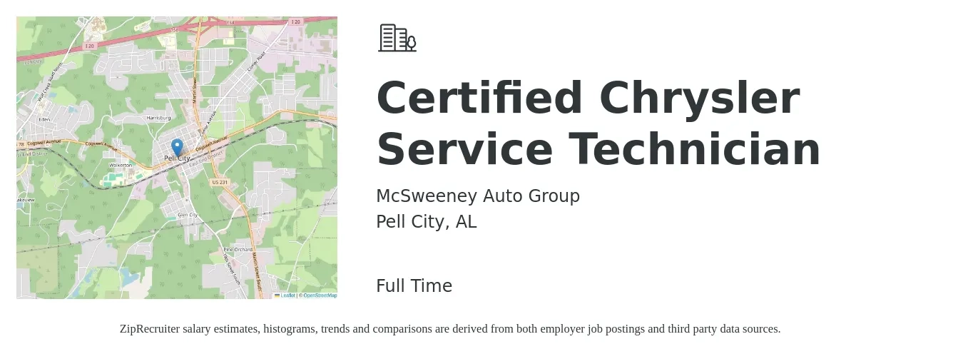 McSweeney Auto Group job posting for a Certified Chrysler Service Technician in Pell City, AL with a salary of $16 to $26 Hourly with a map of Pell City location.