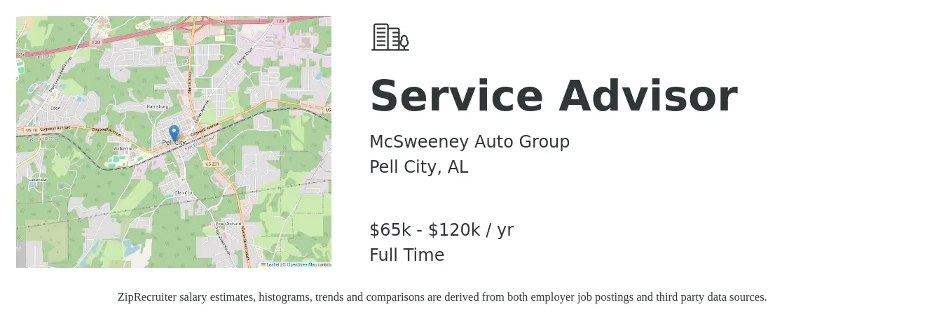 McSweeney Auto Group job posting for a Service Advisor in Pell City, AL with a salary of $65,000 to $120,000 Yearly with a map of Pell City location.