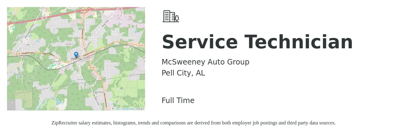 McSweeney Auto Group job posting for a Service Technician in Pell City, AL with a salary of $17 to $23 Hourly with a map of Pell City location.