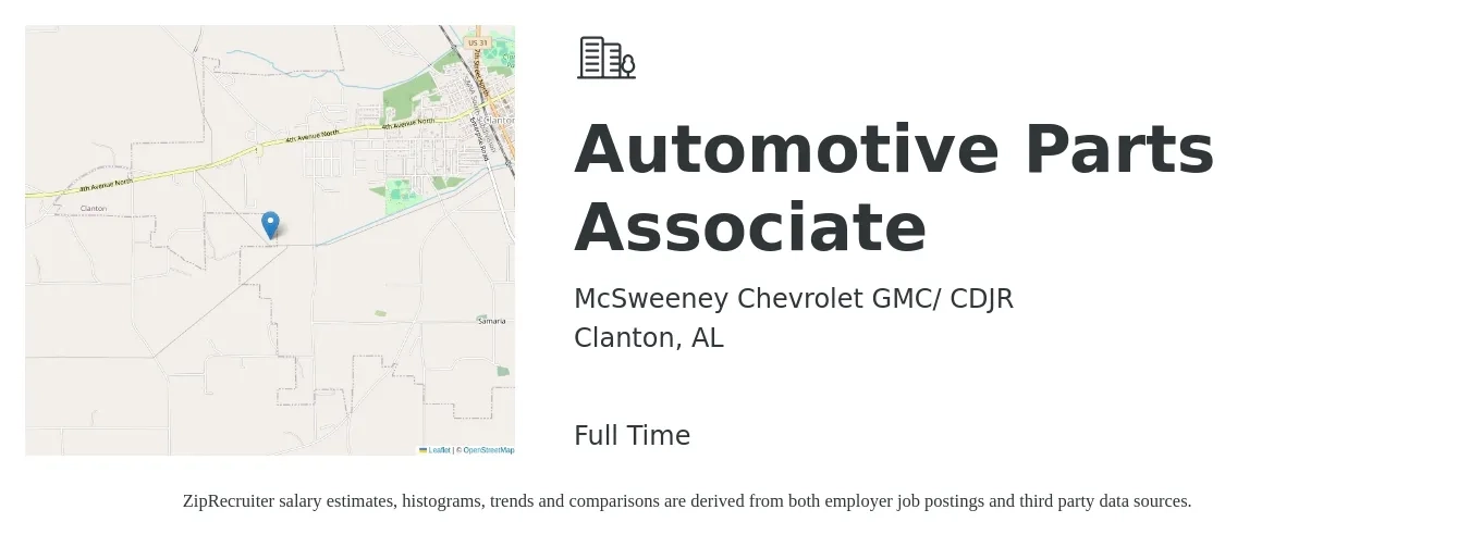 McSweeney Chevrolet GMC/ CDJR job posting for a Automotive Parts Associate in Clanton, AL with a salary of $14 to $20 Hourly with a map of Clanton location.