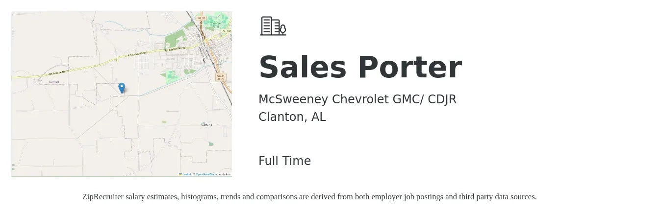 McSweeney Chevrolet GMC/ CDJR job posting for a Sales Porter in Clanton, AL with a salary of $14 to $15 Hourly with a map of Clanton location.