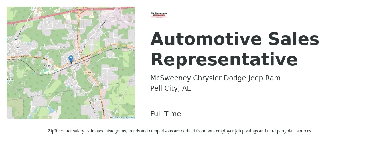 McSweeney Chrysler Dodge Jeep Ram job posting for a Automotive Sales Representative in Pell City, AL with a salary of $31,800 to $63,700 Yearly with a map of Pell City location.