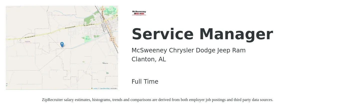 McSweeney Chrysler Dodge Jeep Ram job posting for a Service Manager in Clanton, AL with a salary of $47,500 to $73,500 Yearly with a map of Clanton location.