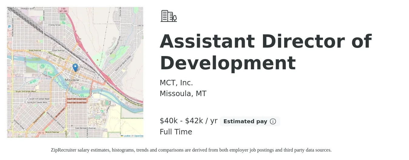 MCT, Inc. job posting for a Assistant Director of Development in Missoula, MT with a salary of $40,000 to $42,000 Yearly with a map of Missoula location.