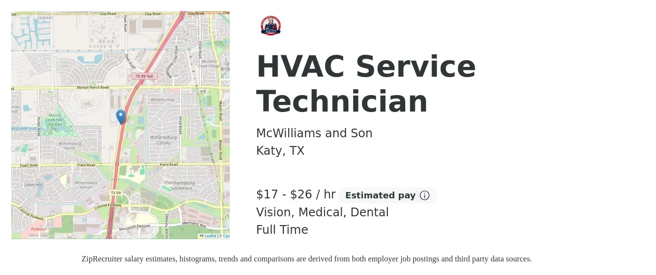 McWilliams and Son job posting for a HVAC Service Technician in Katy, TX with a salary of $18 to $28 Hourly (plus commission) and benefits including pto, retirement, vision, dental, life_insurance, and medical with a map of Katy location.