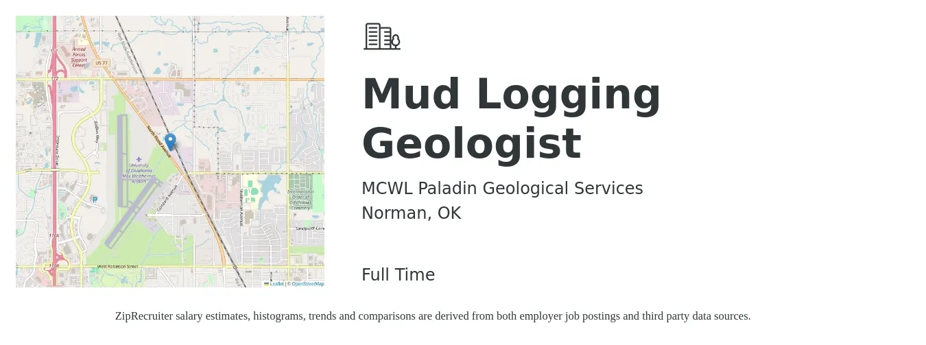 MCWL Paladin Geological Services job posting for a Mud Logging Geologist in Norman, OK with a salary of $48,900 to $81,200 Yearly with a map of Norman location.