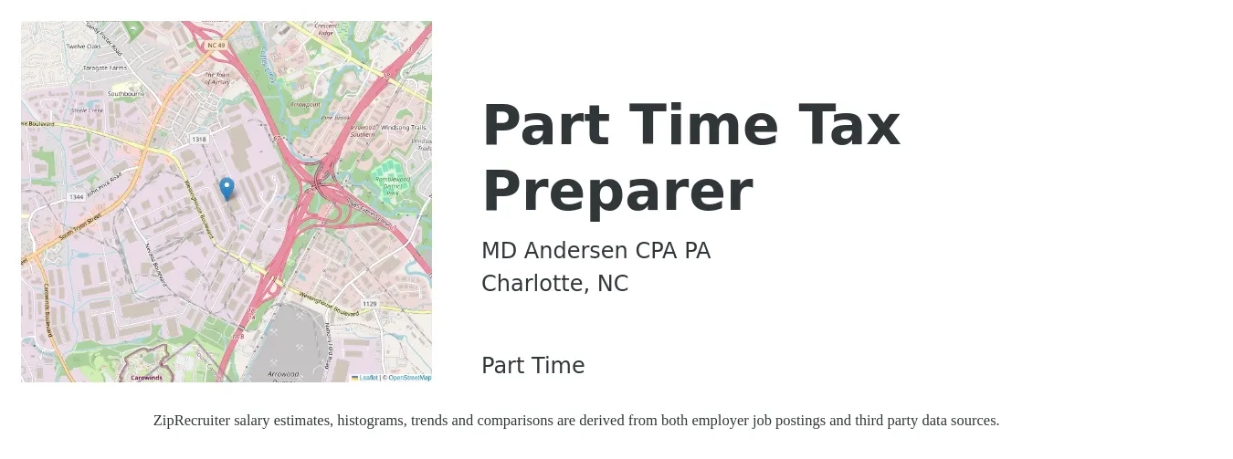 MD Andersen CPA PA job posting for a Part Time Tax Preparer in Charlotte, NC with a salary of $13 to $20 Hourly with a map of Charlotte location.