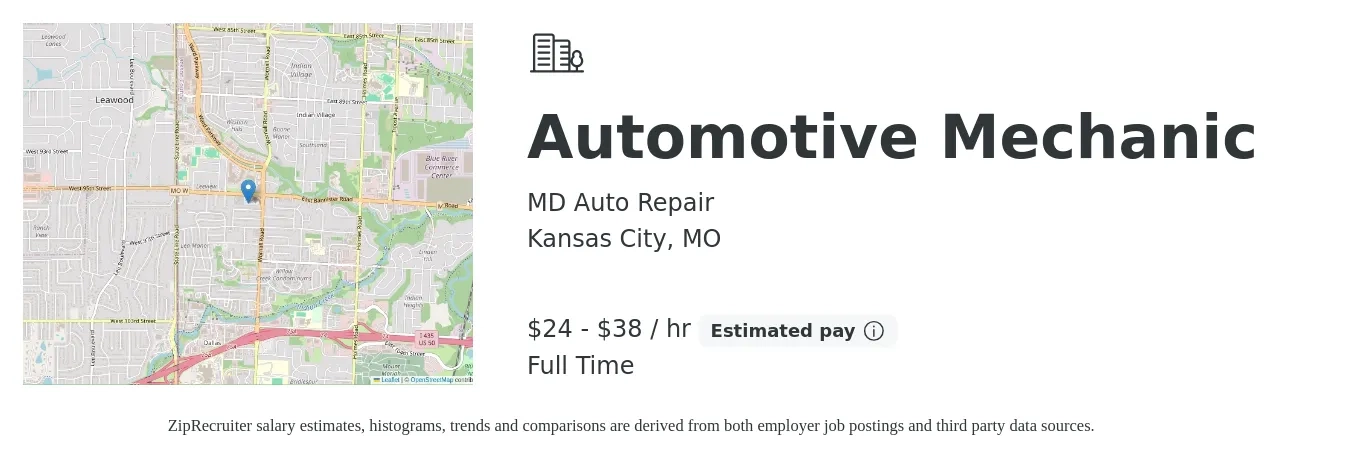 MD Auto Repair job posting for a Automotive Mechanic in Kansas City, MO with a salary of $25 to $40 Hourly with a map of Kansas City location.