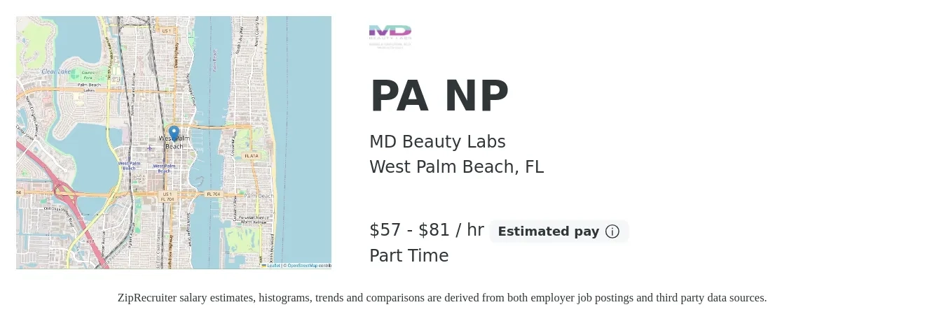 MD Beauty Labs job posting for a PA NP in West Palm Beach, FL with a salary of $60 to $85 Hourly (plus commission) with a map of West Palm Beach location.