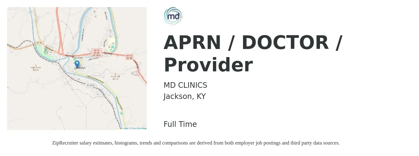 MD CLINICS job posting for a APRN / DOCTOR / Provider in Jackson, KY with a salary of $76,000 to $105,900 Yearly with a map of Jackson location.