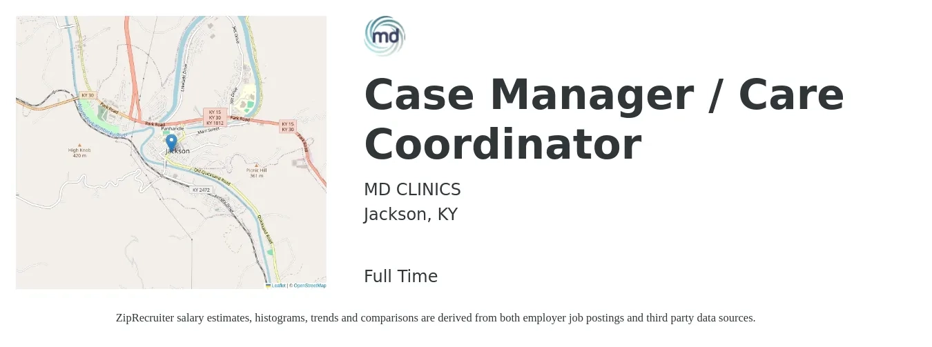 MD CLINICS job posting for a Case Manager / Care Coordinator in Jackson, KY with a salary of $16 to $23 Hourly with a map of Jackson location.