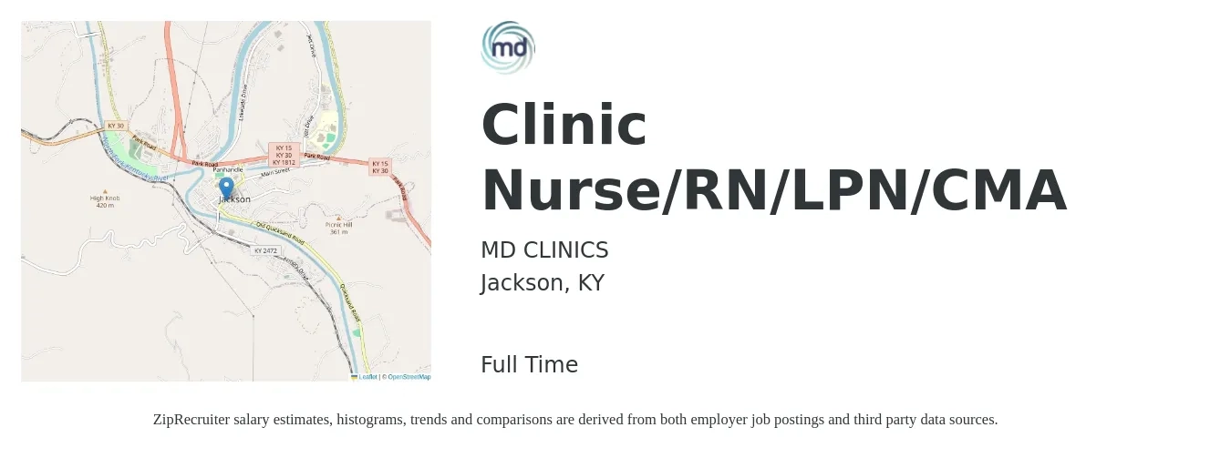 MD CLINICS job posting for a Clinic Nurse/RN/LPN/CMA in Jackson, KY with a salary of $16 to $25 Hourly with a map of Jackson location.