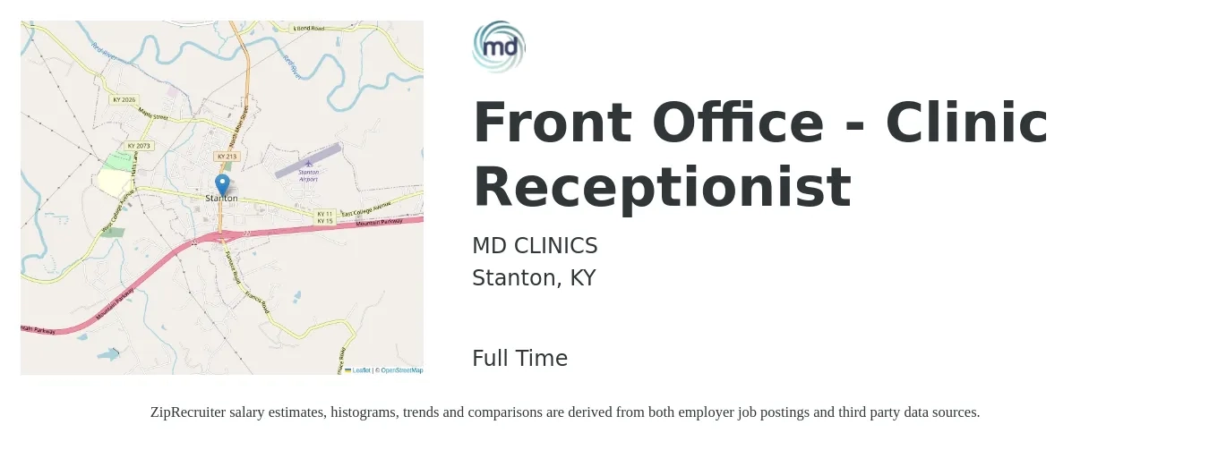 MD CLINICS job posting for a Front Office - Clinic Receptionist in Stanton, KY with a salary of $13 to $17 Hourly with a map of Stanton location.